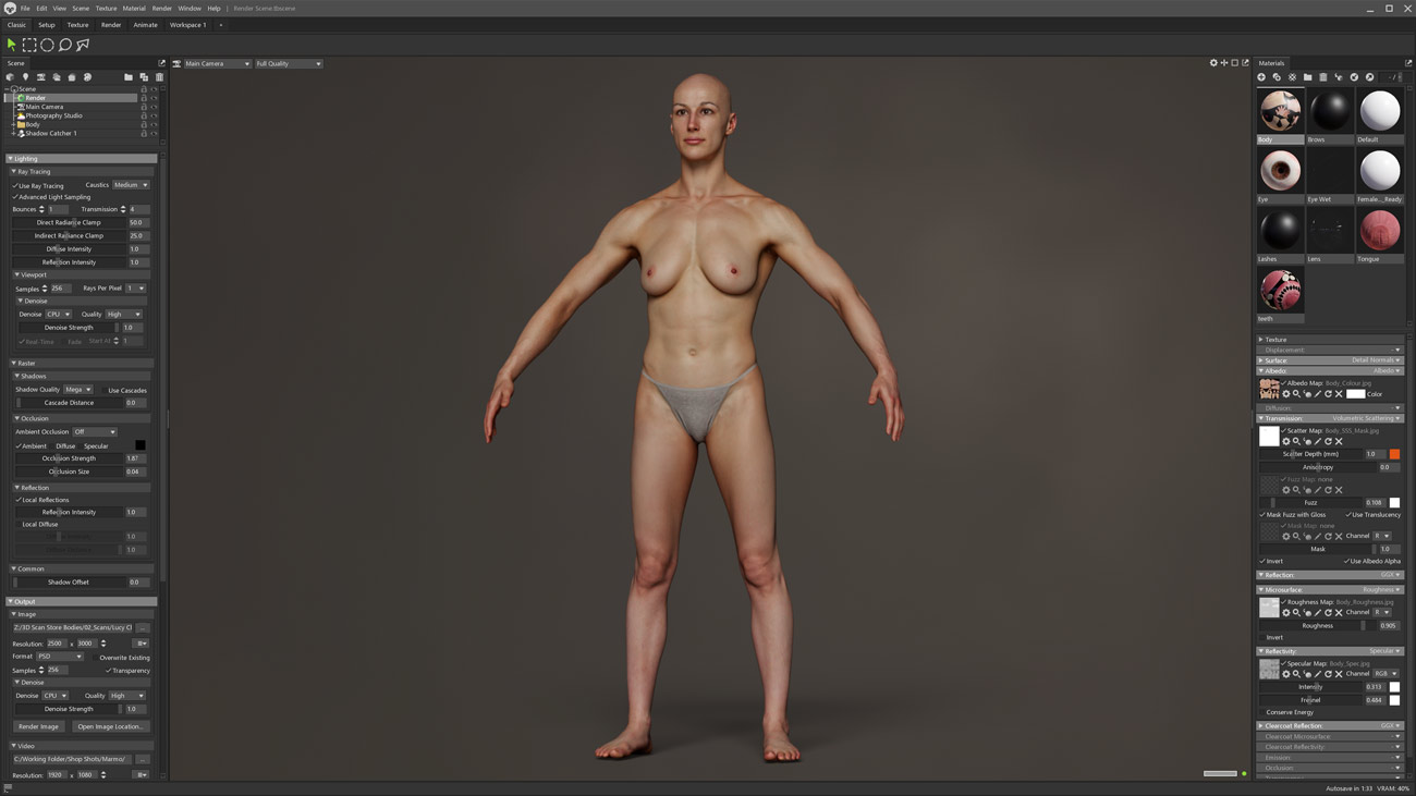 Marmoset toolbag scene with realistic 3d body model and lighting and shading including skin shader. 